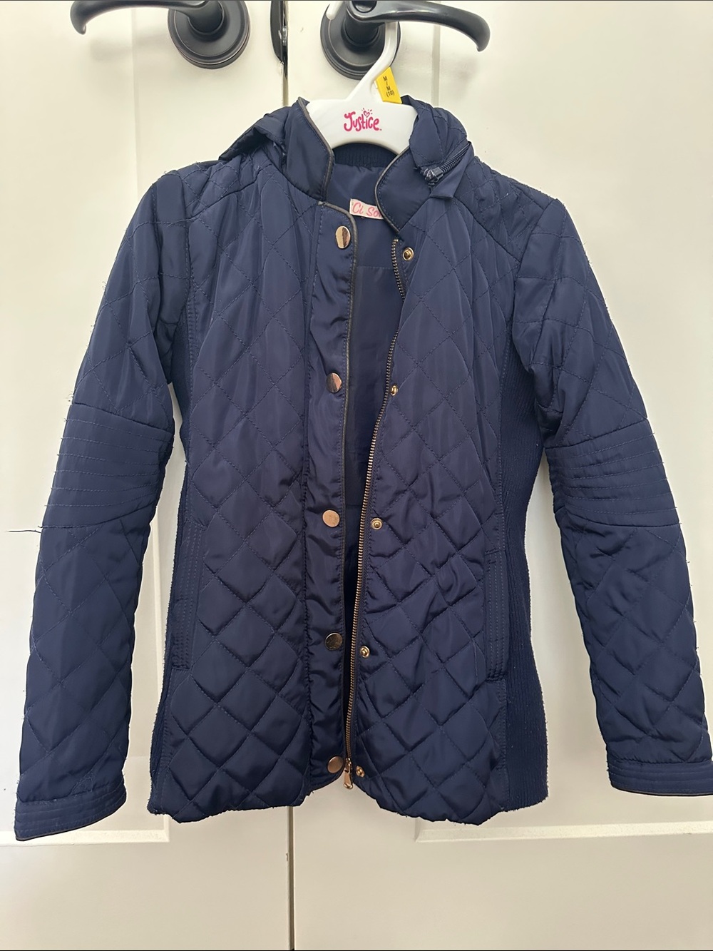 Girls Navy Quilted Hooded Jacket Size 8 small